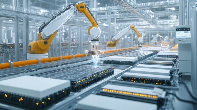 Robotic arms assembling EV battery packs in a futuristic plant, surrounded by advanced machinery."