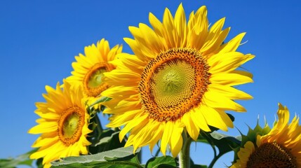 Fototapeta premium A close-up of vibrant yellow sunflowers against a clear blue sky, aerial shot, Naturalistic style