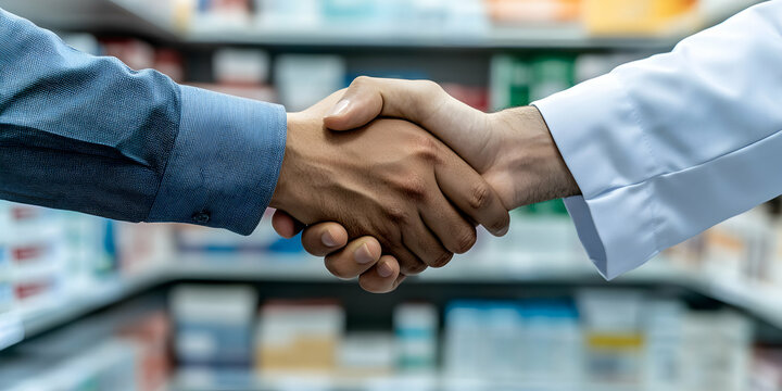 Business Partnership, Professionals Shake Hands in Agreement, Pharmacy Setting, Collaboration
