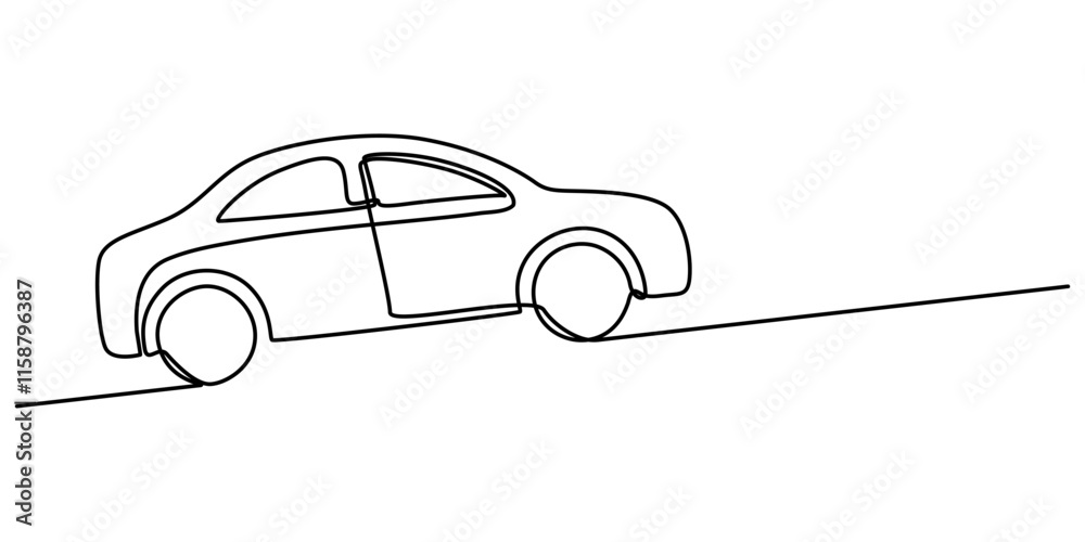 Poster Continuous line drawing of modern car, Abstract small car in continuous line art drawing style. Minimalist black linear sketch isolated on white background vector illustration. Premium pro vector.