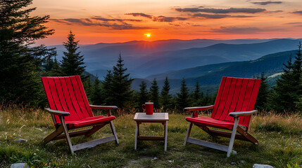 Mountain Sunset, Two Red Chairs & a Warm Drink, Enjoying the Serene View, Peaceful Panorama,  Spectacular Colors, Tranquil Atmosphere