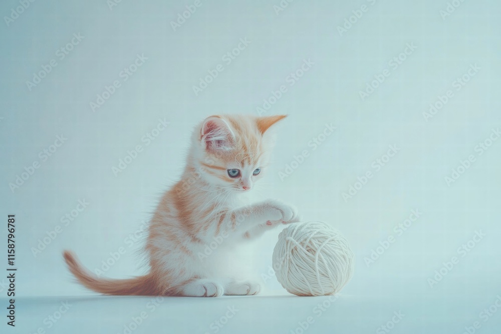 Poster encouraging playtime with a cute kitten engaging with a ball of yarn. generative ai