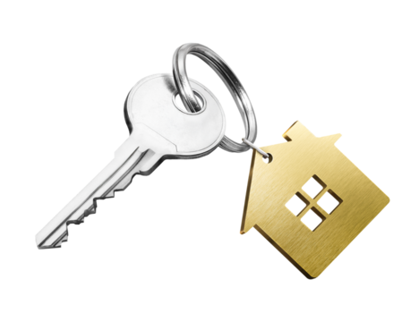 House key with golden house shaped keychain isolated on white background