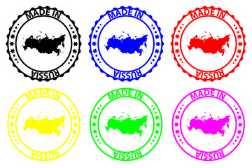 Made in Russia - rubber stamp - vector, Russia map pattern - black, blue, green, yellow, purple and red