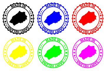 Made in Saint Helena - rubber stamp - vector, Saint Helena island map pattern - black, blue, green, yellow, purple and red