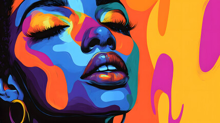 
black woman face poster design, hd, 4k, colorful, fauvism design, defining shapes, geometric angles and shapes, beautiful location.graffiti on the wall