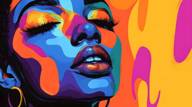 
black woman face poster design, hd, 4k, colorful, fauvism design, defining shapes, geometric angles and shapes, beautiful location.graffiti on the wall