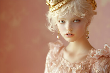 Beautiful blonde girl in Victorian outfit in powder pink and gold color scheme, soft daylight portrait