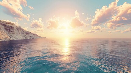 Obraz premium Serene sunset over calm ocean and cliffs.