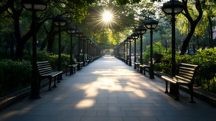 Obraz premium Sunlit Park Pathway, Benches line a tree-shaded walkway bathed in morning sunlight, creating a tranquil and inviting atmosphere.