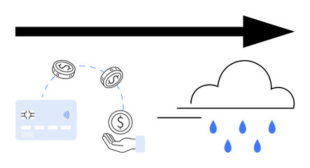 Digital payment card, coins transferring to hand, large arrow pointing to cloud with raindrops. Ideal for finance, technology, cloud computing, digital transactions, online banking, data storage
