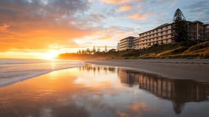 Obraz premium Sunrise over beach with hotel reflection.