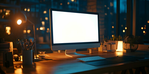 Night Workspace, Computer Screen Glows Brightly, Illuminating Desk Accessories and Plants, Soft Warm Light Enhancing Cozy Ambiance.