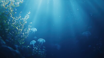 Obraz premium Sunbeams illuminate jellyfish and underwater plants.