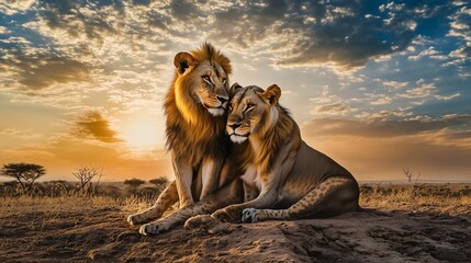 A male and female lion sitting closely on the savanna, framed by a golden sunset and dramatic...