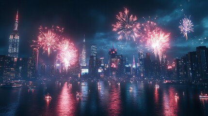 Obraz premium Happy New Year 2025 fireworks light up the city 