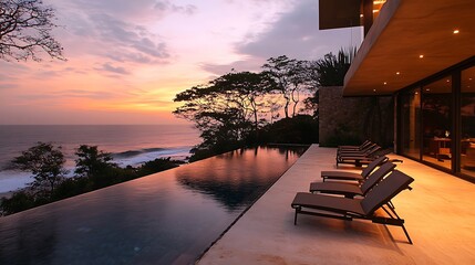 Fototapeta premium Sunset view from modern cliffside home with infinity pool and lounge chairs.
