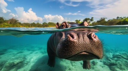 A close-up of a hippo partially submerged in clear water, with details of its face above and below the surface.