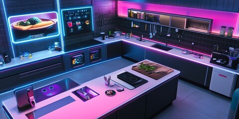 Futuristic smart kitchen with neon lighting, integrated screens, and modern appliances. Sleek design and advanced technology.