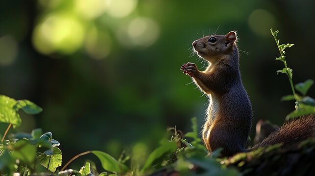 A squirrel standing on hind legs in a lush forest, bathed in warm sunlight and surrounded by greenery.
