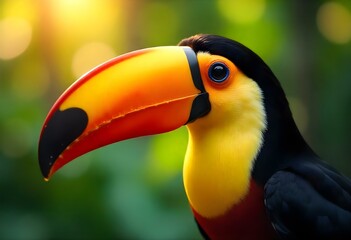 Fototapeta premium Colorful keel-billed toucan showing its beak in the rainforest
