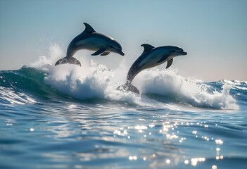 Two dolphins jumping over ocean wave