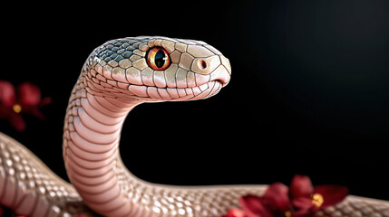 Fototapeta premium Chinese New Year. Snake with intricate scales and vibrant eyes surrounded by flowers.