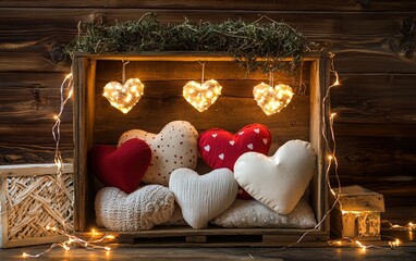 A vintage wooden crate filled with heart-shaped pillows and fairy lights for valentines day