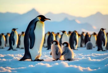 Obraz premium Emperor penguin family enjoying sunset light in Antarctica
