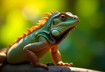 Fototapeta premium Colorful iguana resting on a branch in the rainforest