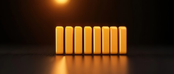 A row of glowing yellow rectangles stands against a dark background, illuminated by a soft light, creating a serene and minimalist aesthetic.