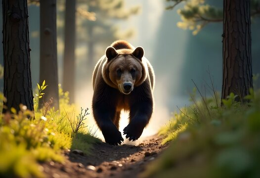 Large brown bear running on a forest path at sunrise