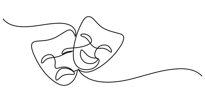 World theater day banner design, with character mask sketch, continuous one line drawing, vector illustration, Theater mask tragedy and humor one line continuous line art. Character mask sketch.
