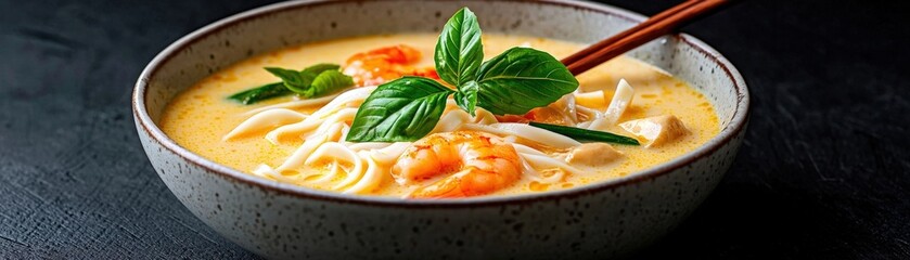 Delicious bowl of shrimp noodles in flavorful broth with fresh herbs garnished elegantly