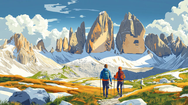 Illustration, Parco Naturale Tre Crime di Lavaredo in Italy, Drei Zinnen. touristic advertisement poster. Hikers with Drei zinnen mountain in the background, Italian Dolomites, mountains. Outdoor adve