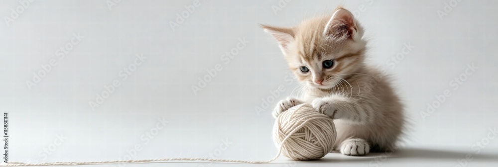 Poster cute kitten joyfully playing with soft yarn ball on light background during afternoon light. generat