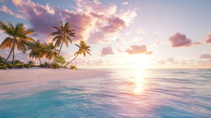 Fototapeta premium Idyllic tropical beach sunset scene with palm trees.