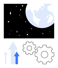 Earth with stars, blue and grey upward arrows, and two gears symbolizing progress. Ideal for technology, innovation, business growth, space exploration, engineering, mechanics global development