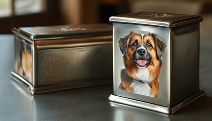 Custom dog urn with pet portrait and memorial design