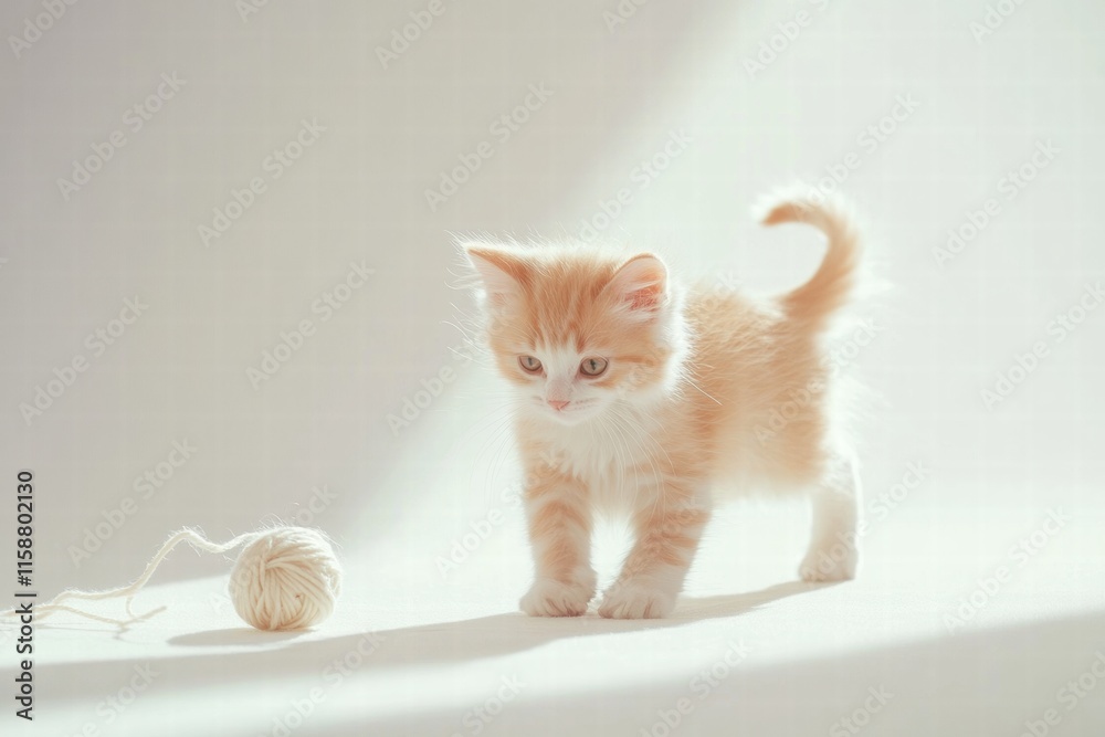Poster cute kitten plays with a fluffy ball of yarn in a bright, sunlit room creating a playful atmosphere 