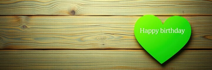 Green heart shaped card with happy birthday message placed on rustic wooden surface in a celebratory setting