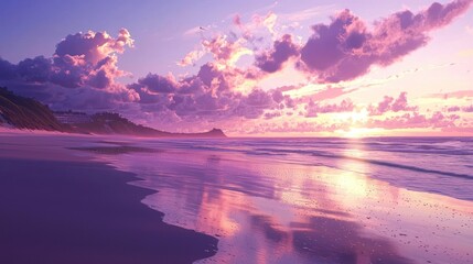 Fototapeta premium Serene sunset over a tranquil beach with pink and purple hues reflecting on the calm ocean.