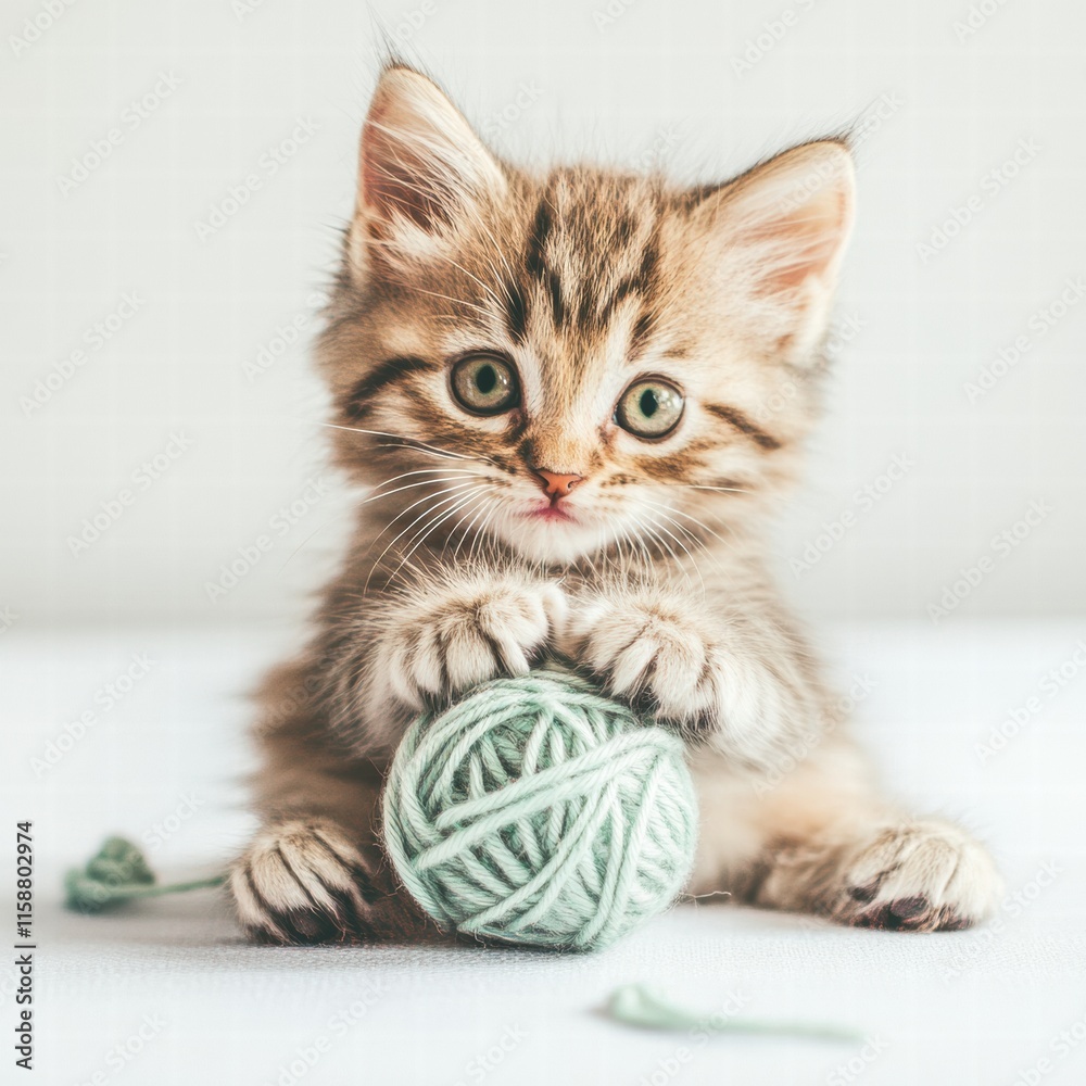 Poster cute kitten joyfully playing with a soft ball of yarn in a cozy indoor setting during afternoon ligh