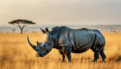 Fototapeta premium Solitary rhinoceros in african savanna with copy space