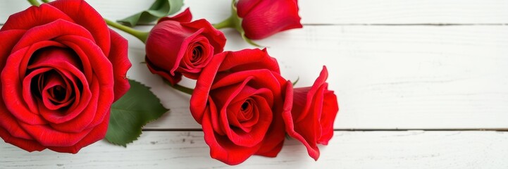 Bright red roses arranged elegantly on a wooden table, showcasing their beauty and vibrancy