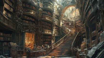 Fototapeta premium Ancient library, grand staircase, countless books, crumbling architecture.