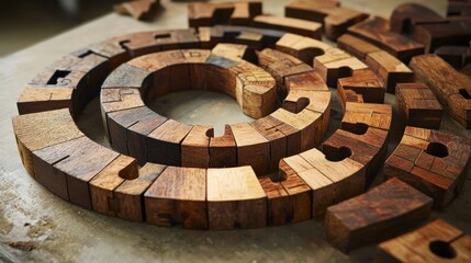 Obraz premium Intricate wooden puzzle spiral in process.
