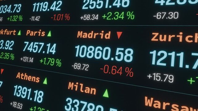 Device screen with stock market and exchange information, price and percentage changes, moving up and down, Paris, Frankfurt, Zurich, Madrid. Investment, business, information. Concept, 3D animation
