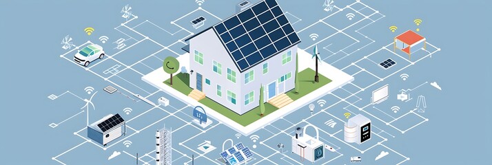Isometric illustration of a smart home with solar panels and various connected devices. Depicts a modern, technology-integrated residential system.

