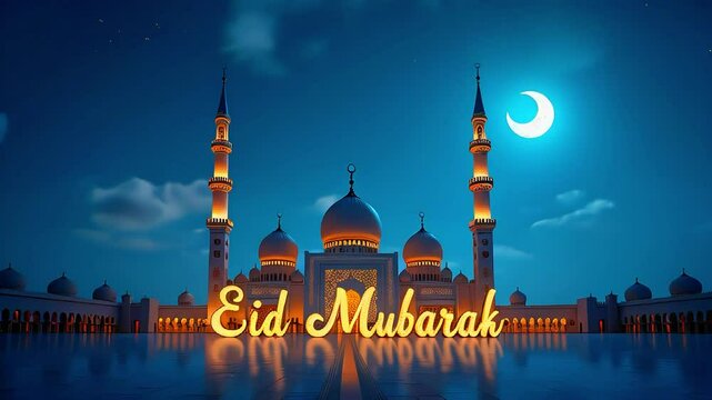 Eid Mubarak written mosque with the Eid moon seen in the sky is a happy day